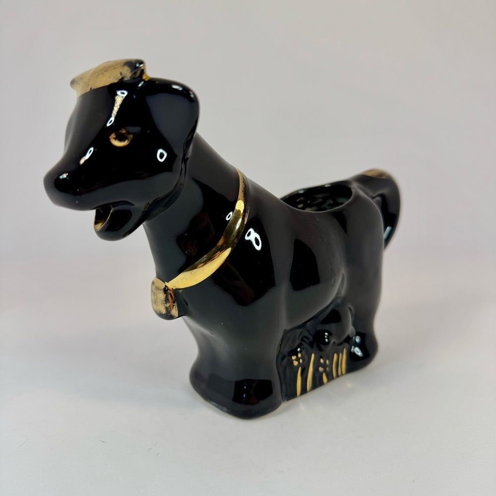 Vintage Mid Century Modern Farmhouse Black & Gold Ceramic Dairy Cow Bull Creamer